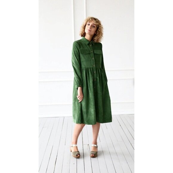 Offon Cotton Green Needlecord Corduroy Button Front Oversize Cargo Shirt Dress M - Picture 1 of 16